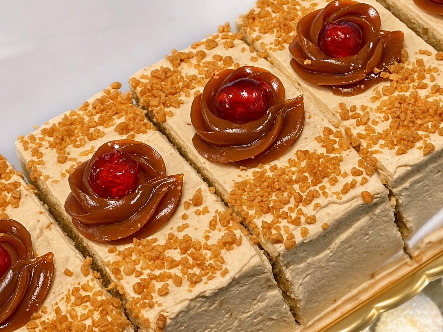 Bolo de doce de leite com granulado de amendoim e cereja