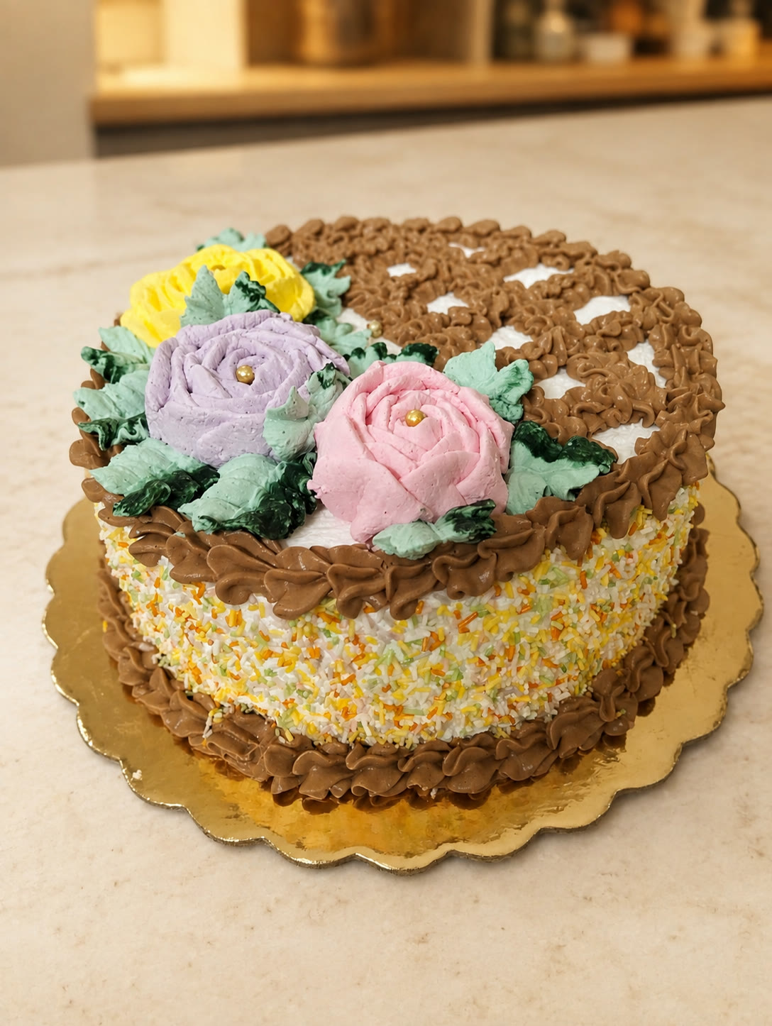 Bolo personalizado com creme de chocolate e rosas coloridas feitas à mão