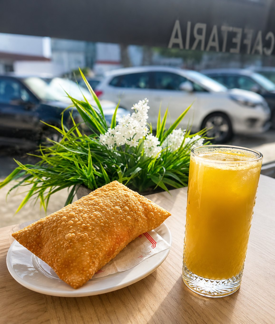 Pastel frito e copo de caldo de cana servido na Pastelaria 3 Meninos